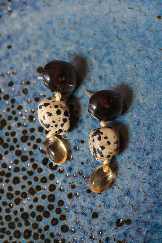 Dalmatian Jasper, Citrine & Smoky Quartz Earrings - Bruta